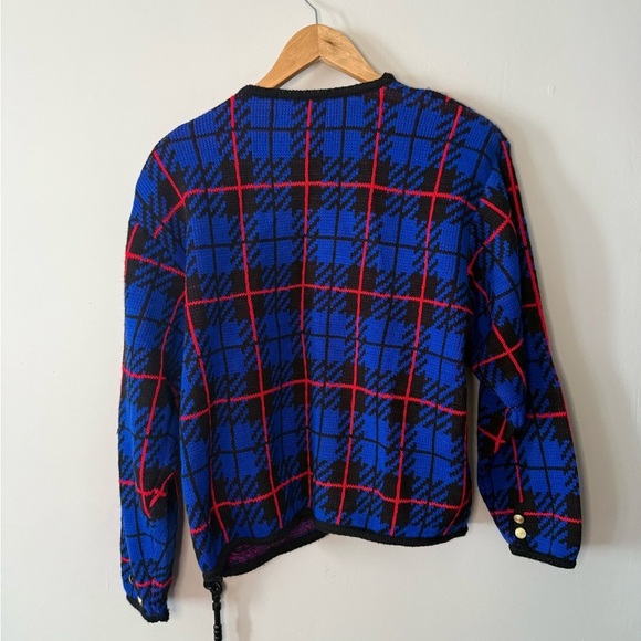 Vintage 80s Plaid Knit Sweater w/ Shoulder Pads & Pockets – Tally-Ho XL - Picture 8 of 8